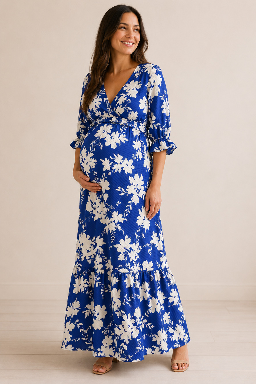 River Island Maternity Floral Maxi Dress US 10 Blue White Ruffle Wrap Style